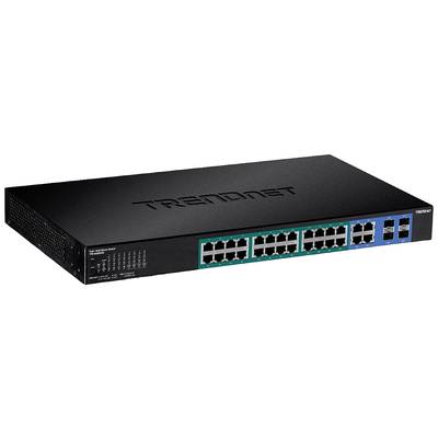 Sur l'image, on peut voir un switch réseau noir avec 24 ports Ethernet. 'TRENDnet' est gravé sur le dessus.