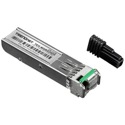 Un module SFP de TRENDnet à côté d'un capuchon de protection. Le module porte la référence 'TEG-MGBS20D5' et est destiné aux connexions réseau.