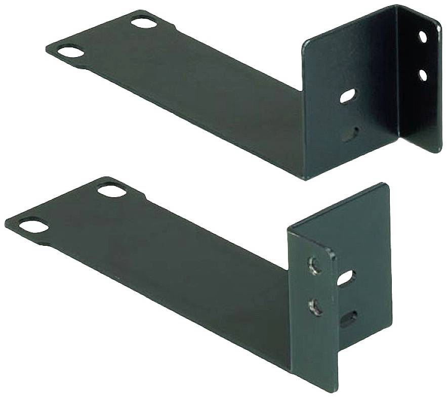 Deux équerres noires en métal, chacune pourvue de trois trous de fixation, pouvant être utilisées pour fixer solidement des objets.