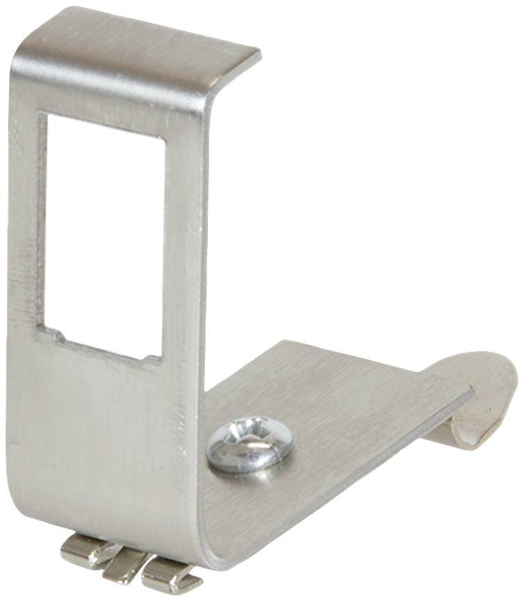 Agrafe métallique avec découpe rectangulaire et dispositif de vissage. Utilisée pour la fixation.