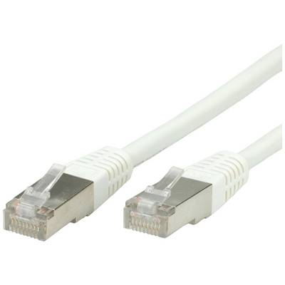 Un câble Ethernet blanc avec deux connecteurs RJ45, utilisé pour interconnecter des ordinateurs et d'autres appareils dans un réseau.