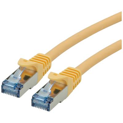 Deux câbles Ethernet orange avec des connecteurs bleus sur un fond blanc. Ils sont placés côte à côte et montrent leurs connexions.