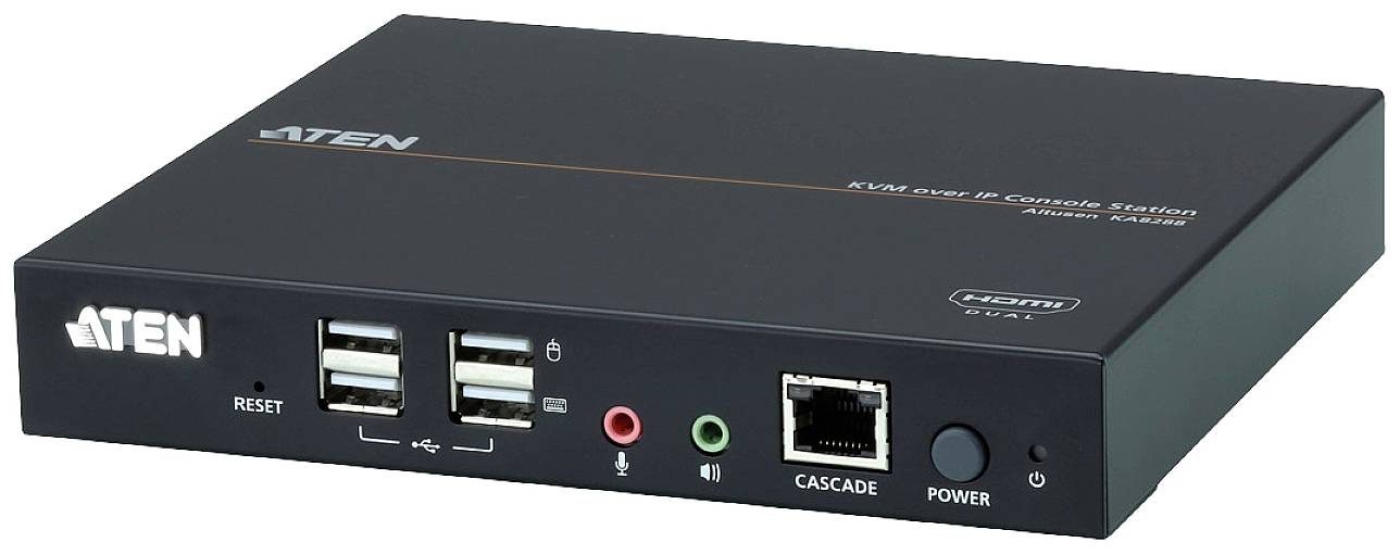 Une station de console KVM sur IP ATEN modèle KN1000A noir, avec ports USB, ports audio, port réseau et interrupteur marche/arrêt à l'avant.
