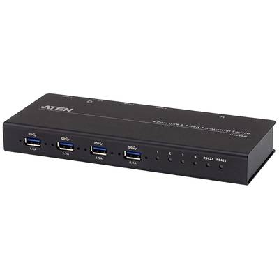 Un commutateur USB 3.1 Gen 1 industriel noir à 4 ports d'ATEN avec quatre ports USB à l'avant, adapté aux applications industrielles.