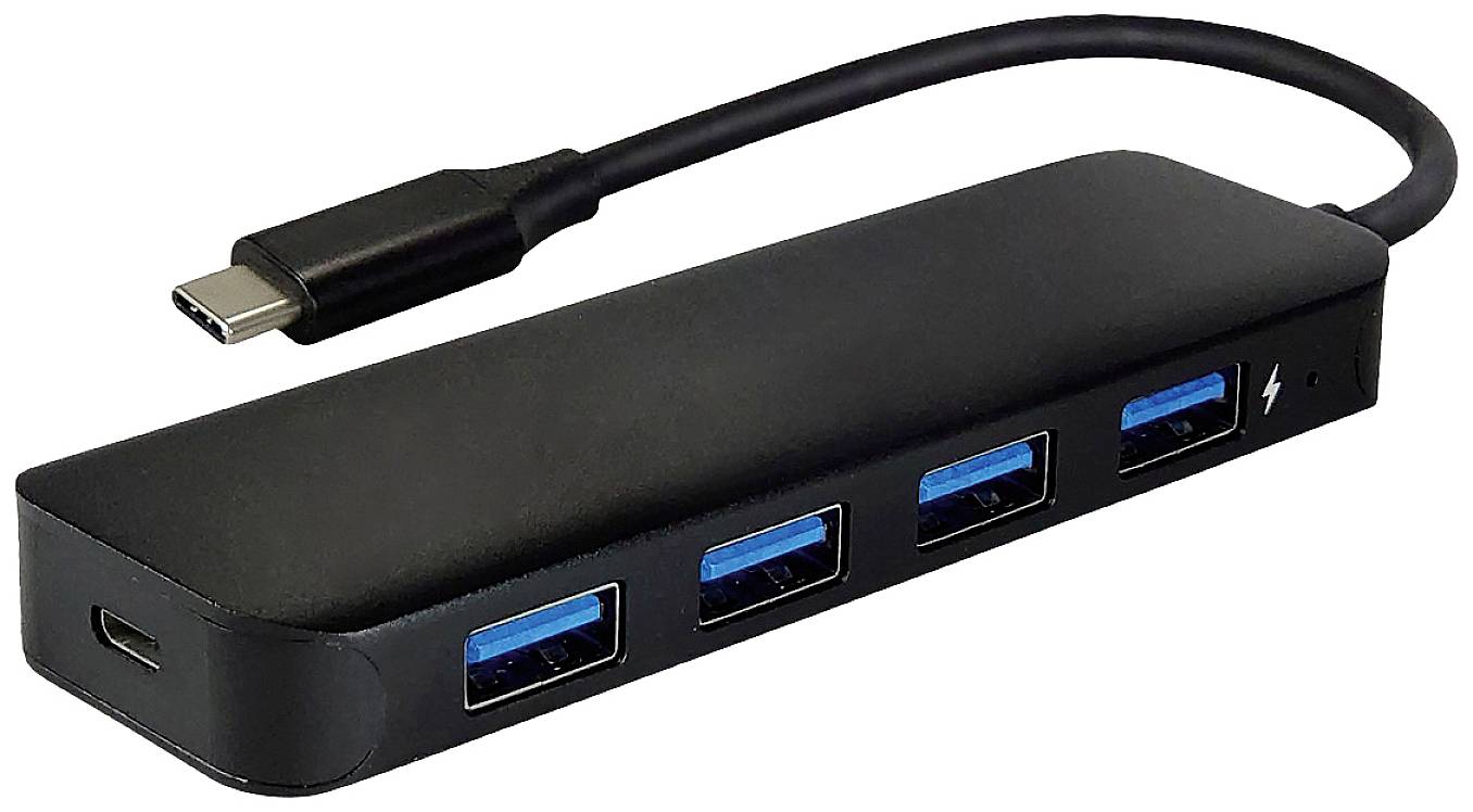 Hub USB-C avec un port de câble et quatre ports USB.