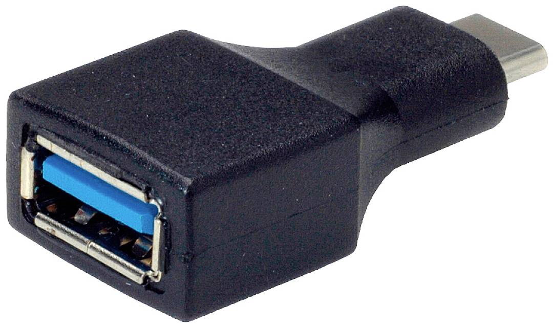 Un adaptateur USB noir avec un port USB-A à une extrémité et un connecteur USB-C à l'autre extrémité.