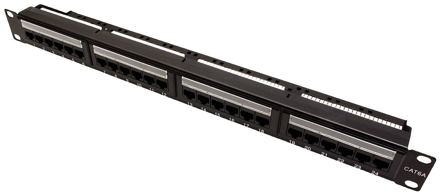 Un panneau de brassage noir à 24 ports pour câblage réseau CAT6A. Chaque interface est numérotée pour faciliter l'organisation.
