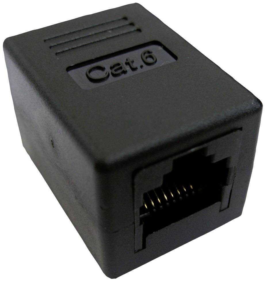 Un adaptateur réseau noir Cat.6 avec un connecteur RJ45, adapté aux connexions Ethernet.