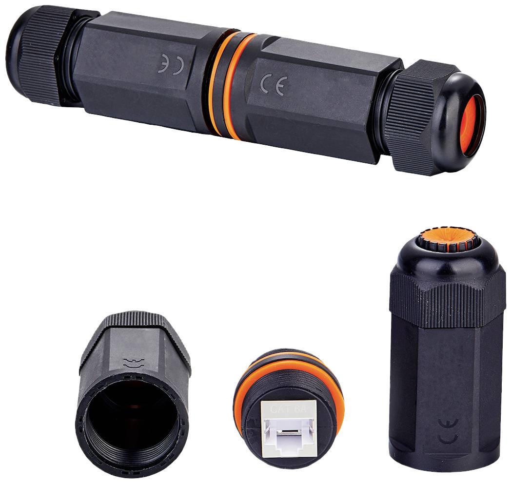 Un connecteur de câble étanche en noir et orange, cylindrique avec des fermetures à vis ; adapté pour des connexions électriques sécurisées.