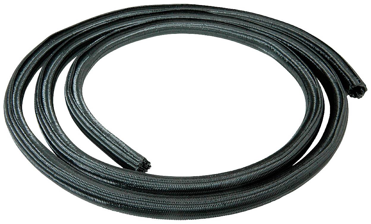 Un manchon de câble noir, flexible et en matériau maillé, adapté pour regrouper et protéger les câbles dans des applications techniques ou domestiques.