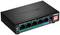 Switch Gigabit PoE à 5 ports avec boîtier noir. Ports marqués à l'avant, interrupteurs DIP rouges à droite, marque 'TRENDnet'.