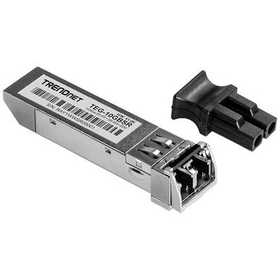 Un module transceiver pour fibres optiques de TRENDnet, modèle TEG-10GBSR, accompagné de son capuchon de protection.