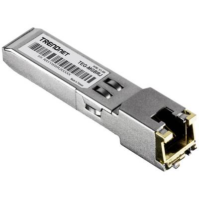 Un transceiver réseau argenté portant l'inscription « TRENDnet TEG-MGBR ». Il présente une connexion dorée à une de ses extrémités.