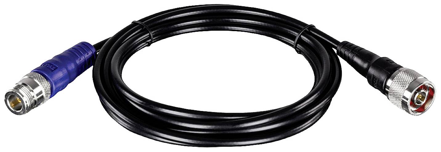 Un câble coaxial noir avec des connecteurs bleu et rouge à ses extrémités, enroulé sur un fond blanc.