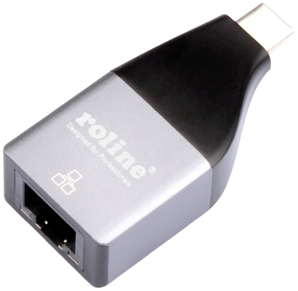 Un adaptateur USB-C noir et gris avec port RJ-45, portant l'inscription « roline Designed for Professionals ».