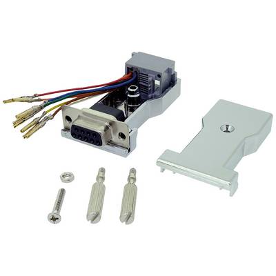 Un connecteur D-Sub à 9 broches démonté avec câblage multicolore, boîtier et vis de fixation, prêt à être assemblé.