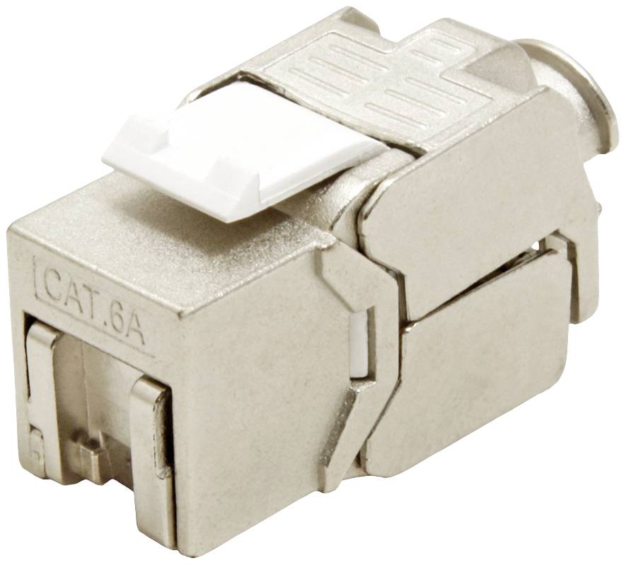 Un module Keystone RJ45 argenté, CAT 6A, utilisé pour les câbles réseau dans les connexions de réseau.