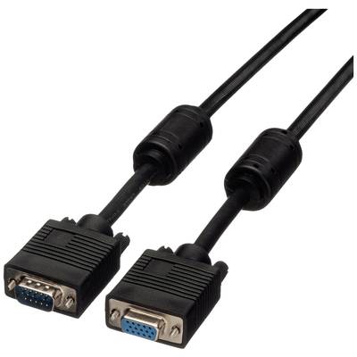 Câble VGA noir avec deux connecteurs à 15 broches, utilisé pour connecter des écrans à des ordinateurs ou des projecteurs.