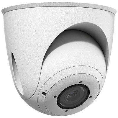 Caméra de surveillance montée au plafond, en plastique blanc, avec un grand objectif au centre.