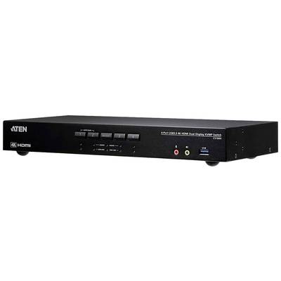 Un commutateur KVM HDMI noir d'ATEN doté de plusieurs boutons sur sa façade. Il permet de basculer entre différents périphériques d'entrée.