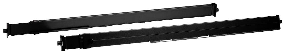 Deux rails métalliques noirs rectangulaires, disposés horizontalement. Ils sont probablement des composants d'un système d'étagères ou de montage.