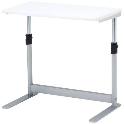Une petite table réglable en hauteur avec un plateau blanc et un châssis argenté. Idéale comme table pour ordinateur portable ou table d'appoint.