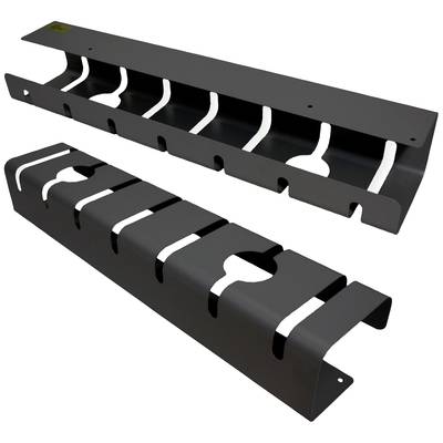 Deux supports de gestion de câbles noirs avec des boucles arrondies, conçus pour organiser les câbles sur un mur ou un support.