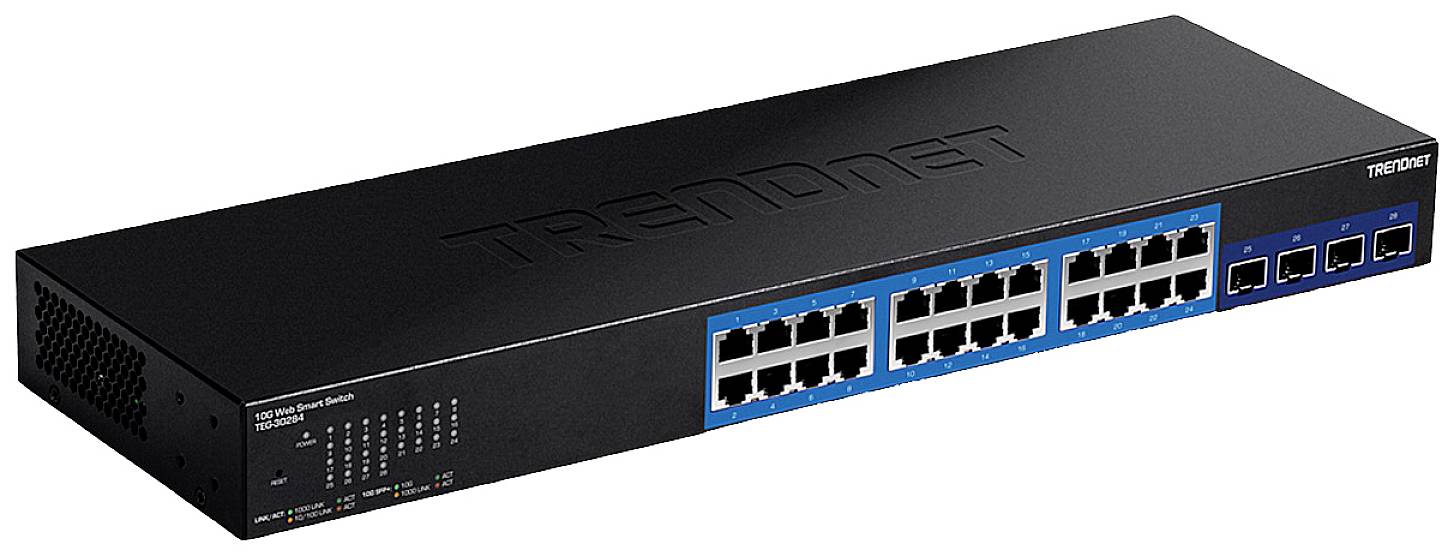 Un commutateur réseau noir avec 24 ports Ethernet et 4 ports supplémentaires sur le côté droit, avec le logo de la marque sur le dessus.