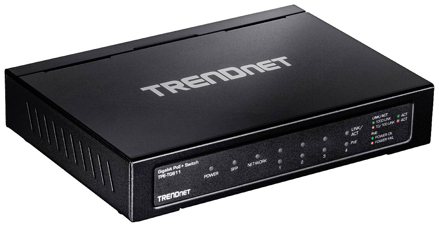 Un commutateur réseau noir avec plusieurs ports Ethernet, des voyants LED indiquant l'alimentation, la liaison, l'activité et le statut PoE sur la façade.