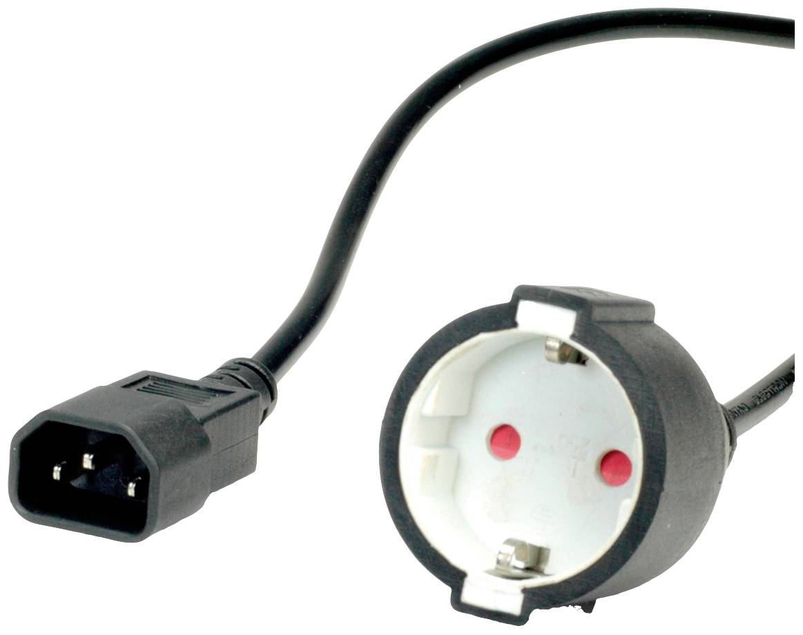 Câble d'alimentation noir avec connecteur, une extrémité avec prise femelle C13, l'autre extrémité avec fiche Schuko. Adapté pour les appareils informatiques.