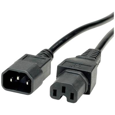Un câble électrique noir avec deux extrémités de fiche : à gauche une fiche mâle à trois broches, à droite une prise femelle.