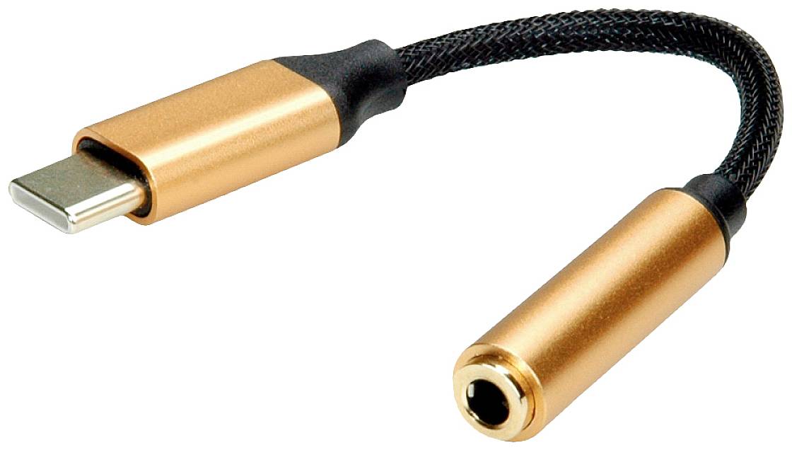 Un adaptateur USB-C au design couleur cuivre qui relie une fiche USB-C à une prise jack 3,5 mm pour casque.