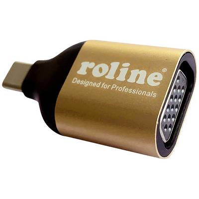 Adaptateur USB-C vers VGA avec l'inscription 'roline - Designed for Professionals', boîtier de couleur or.