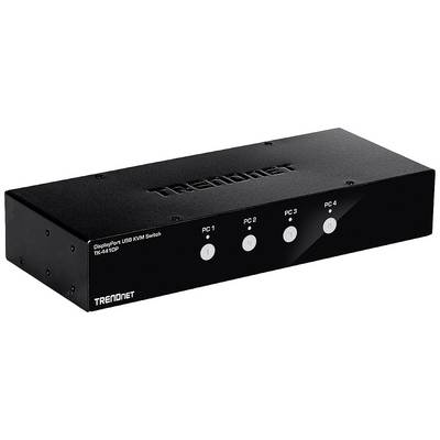 Commutateur KVM avec DisplayPort, USB et quatre ports pour PC. Le panneau avant présente des boutons de sélection de PC et des voyants de fonctionnement.