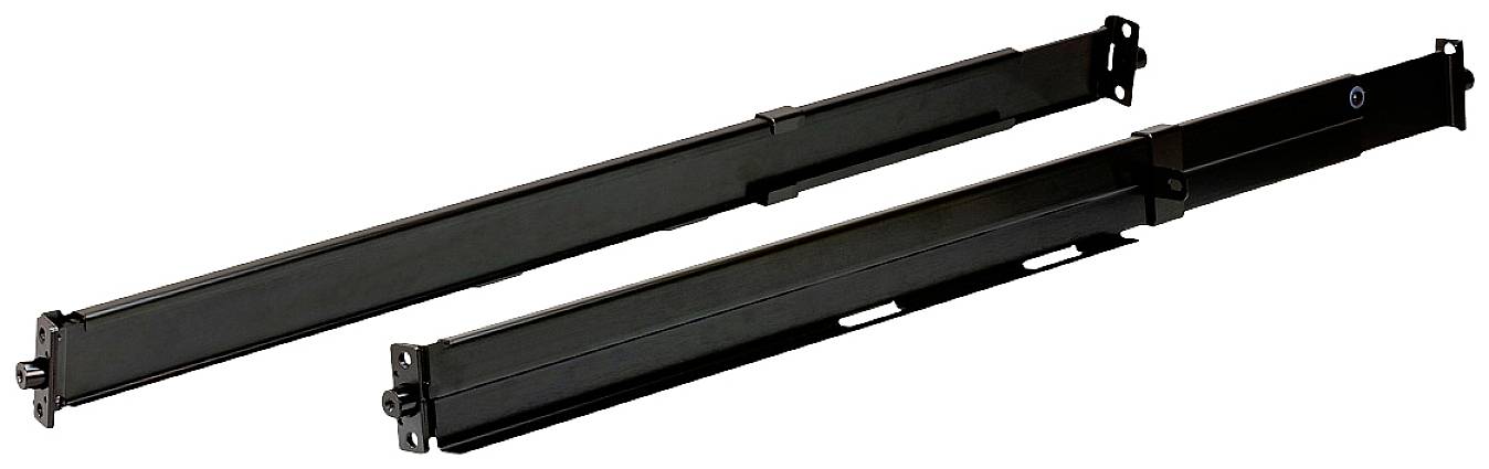 Deux rails noirs en métal, disposés côte à côte sur une surface blanche, probablement destinés à l'installation d'un mécanisme coulissant.