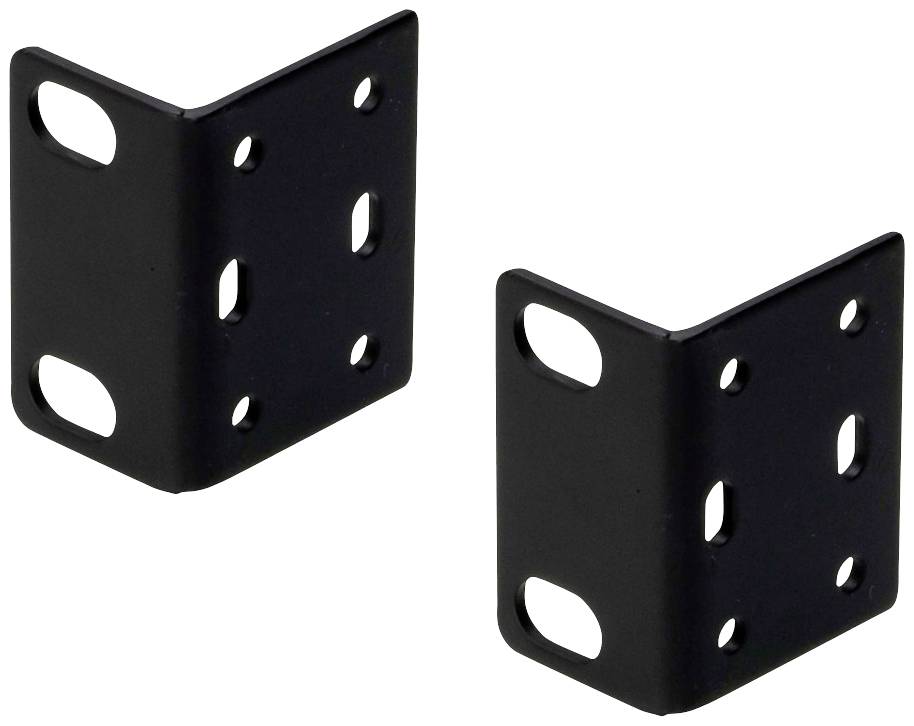Deux équerres noires en métal, chacune percée de plusieurs trous qui peuvent être utilisés pour la fixation ou le montage.