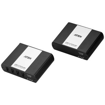 Deux prolongateurs USB 2.0 noirs d'ATEN, modèle UE2120, l'un doté de quatre ports USB, l'autre servant d'unité de réception.