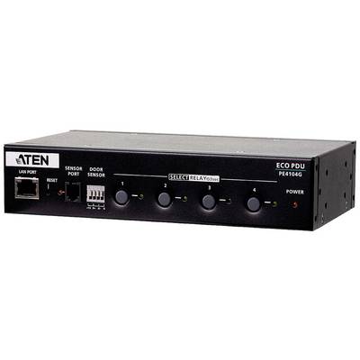Un appareil noir portant l'inscription 'ECO PDU' et 'SELECT RELAY'. Il dispose de quatre touches, d'un port LAN et de connexions pour capteurs.
