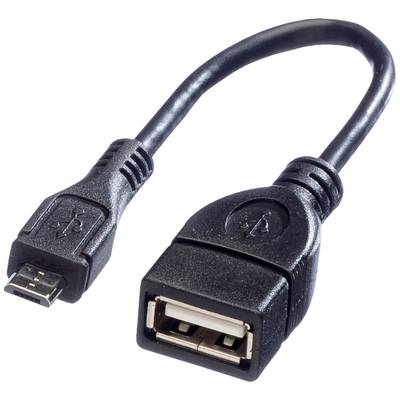 Un câble adaptateur USB noir avec une fiche micro-USB à une extrémité et un port USB-A à l'autre, utilisé pour connecter des appareils.