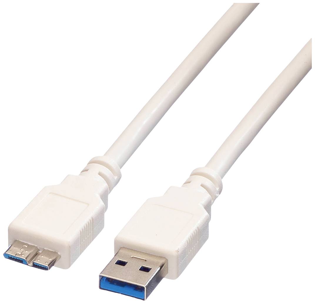 Un câble USB blanc avec une fiche USB de type A à droite et une fiche micro-USB à gauche, adapté pour connecter des appareils avec différents types de ports.