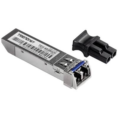 'Transceiver SFP optique de TRENDnet avec connecteurs et capuchon en plastique amovible, utilisé pour la transmission de données.'