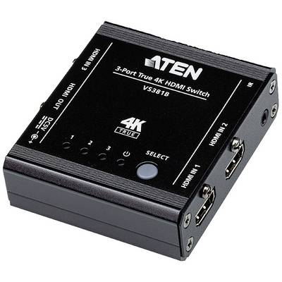 Commutateur HDMI Schwarzer ATEN 3 ports True 4K, modèle VS381B, avec trois ports HDMI et touches de commande pour la sélection des sources HDMI.