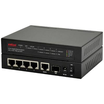 Un commutateur réseau noir avec six ports Ethernet, port SFP et fonction PoE, adapté aux connexions Gigabit.