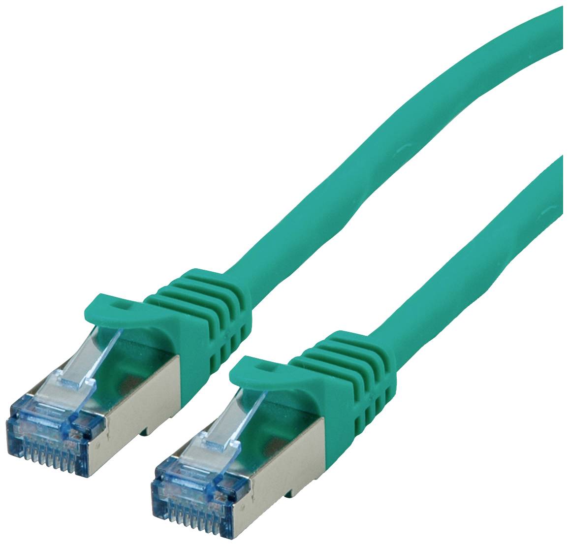 Deux câbles Ethernet verts avec des connecteurs RJ45, utilisés pour la connexion réseau.