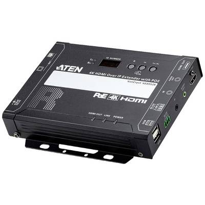 Un extendeur HDMI sur IP noir 4K avec PoE d'ATEN. Sur la face avant, on peut voir des ports HDMI, USB et réseau.