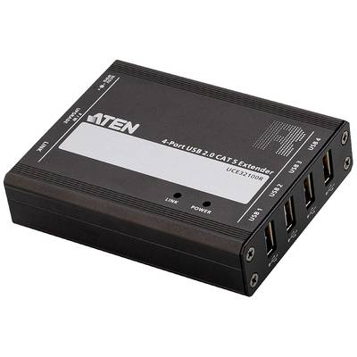 Un hub USB noir de marque 'ATEN' avec quatre ports USB 2.0 et connexion CAT-5, adapté à l'extension des signaux USB sur de longues distances.
