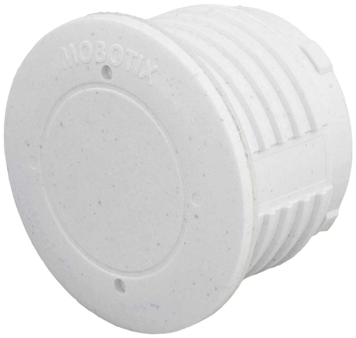 Un capteur cylindrique de MOBOTIX, blanc, avec des rainures sur le côté. Conçu pour le montage, probablement pour des applications de sécurité ou de surveillance.