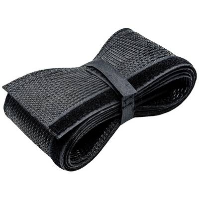 Protection de câble noir en tissu extensible, soigneusement enroulé, pour la gestion des câbles et la protection contre l'usure.