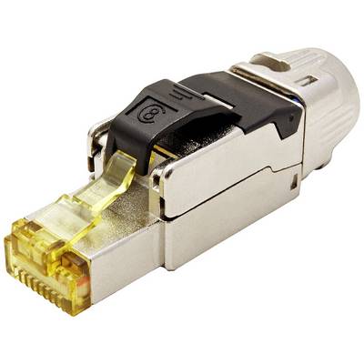 Un connecteur RJ45 avec boîtier métallique et clip jaune, couramment utilisé pour les connexions de câbles Ethernet dans les réseaux.