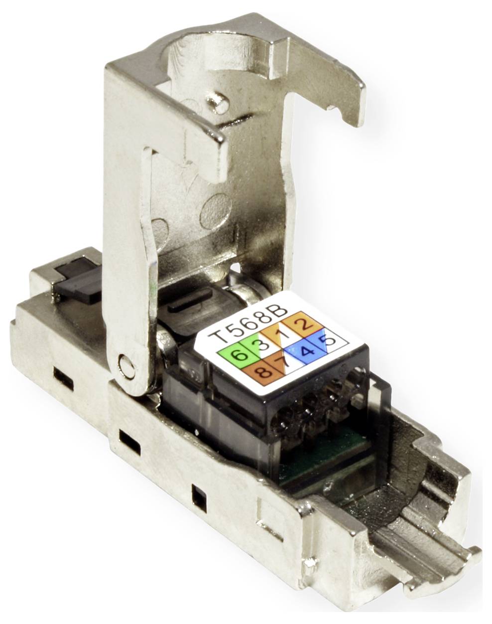 Un module de prise Keystone RJ45 avec boîtier métallique et codage couleur pour le câblage T568B, destiné à connecter des câbles réseau.